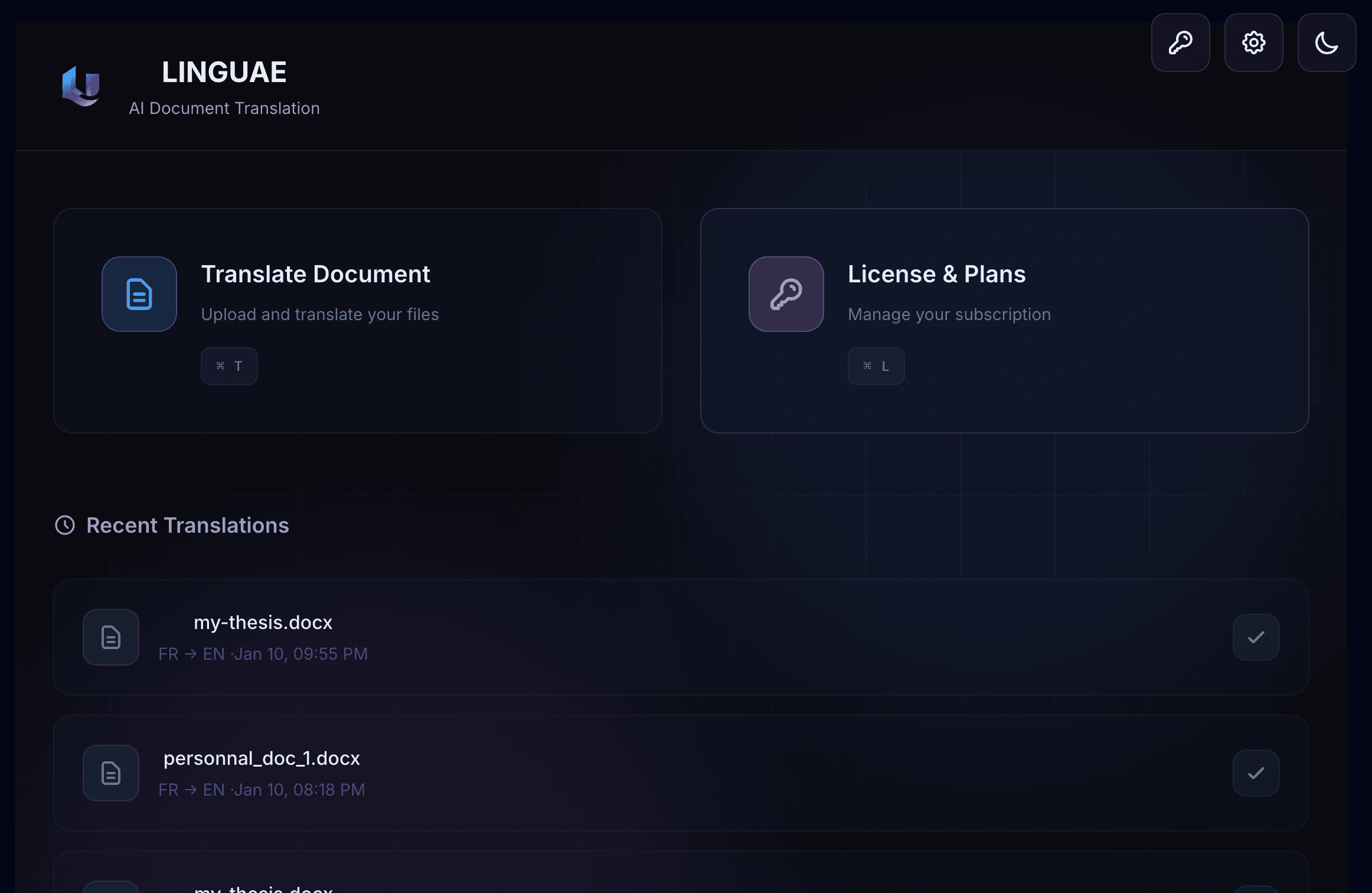 LINGUAE application interface showing document translation