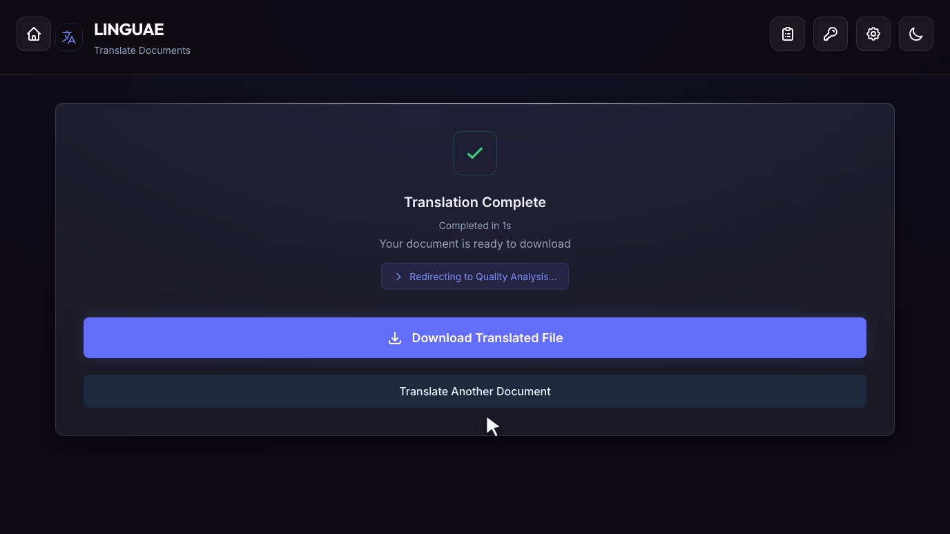 Linguae showing that the translation is complete, with a Download Translated File button.