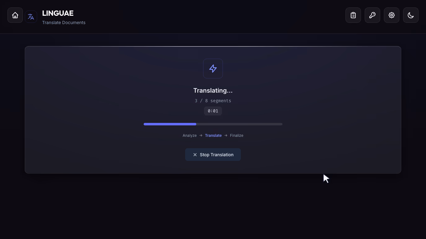 Linguae translating a document, with a progress bar and the current phase.