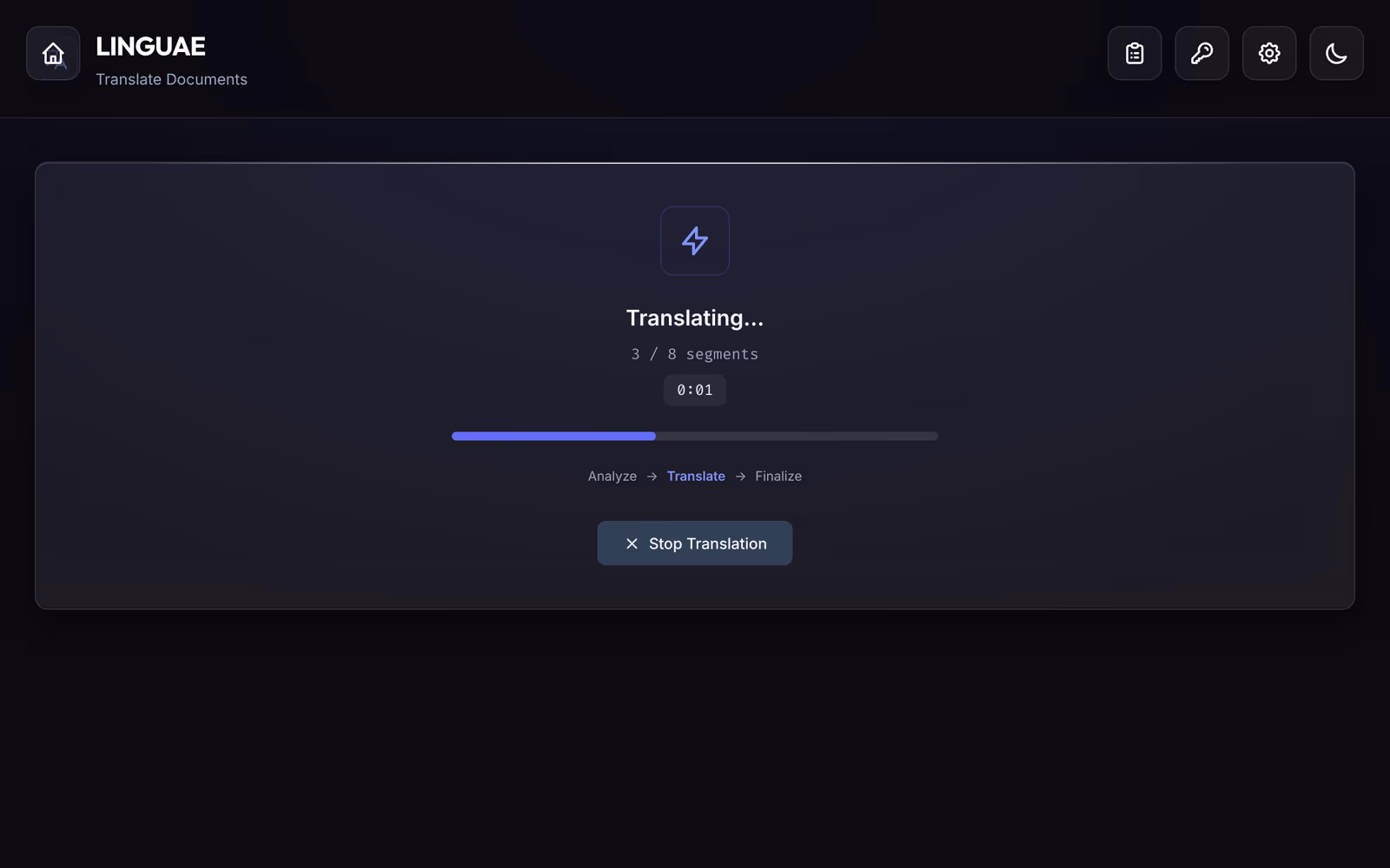 LINGUAE translation in progress, with a progress bar and the Analyze, Translate and Finalize stages
